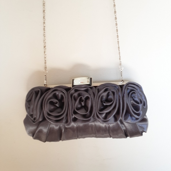 Laura Purple Gray Satin  Clutch with Rosette Accents - Picture 2 of 6